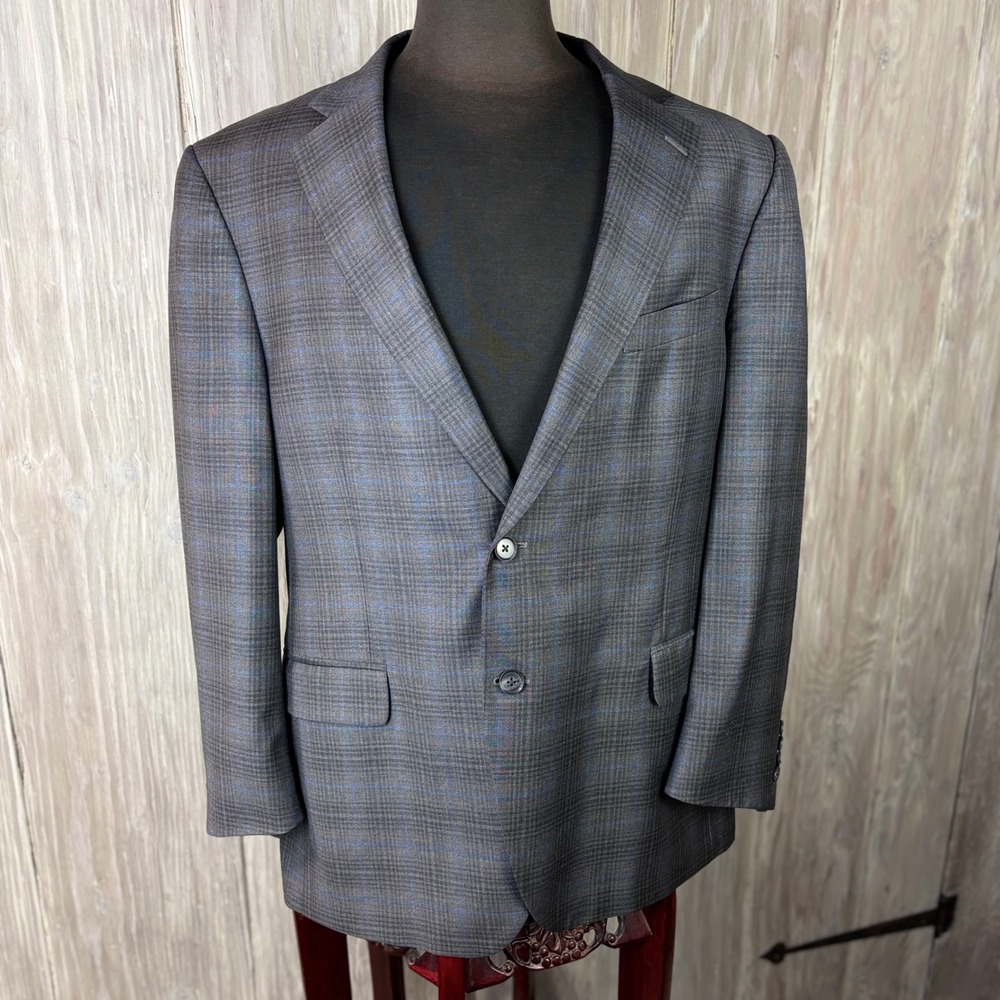Peter Millar Blazer 42R Grey Blue Two Button Sport Coat Windowpane DAMAGED READ